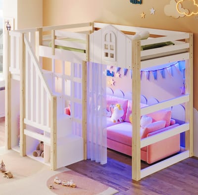 MEUNIQ Hoogslaper 90x200 cm met LED-verlichting, opbergleider, open opbergvak, gaas en uitvalbeveiliging, kinderbed voor kinderkamer, wit+naturel
