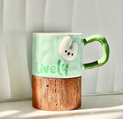 Lively Keramische Mok – Mintgroen Beker met Konijntje – Schattige Pastel Cup – 410 ml