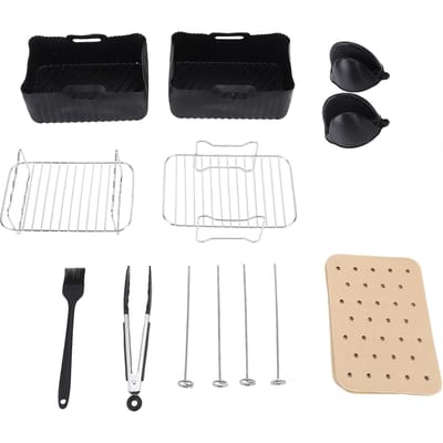 12 Stuks Friteuse Accessoires Braadrooster Siliconen Mand Borstel Tang Spies Set met Papieren Inzetstukken black