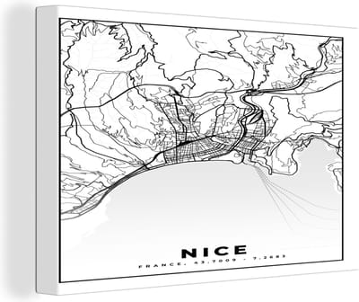 Canvas Schilderij Kaart - Nice - Plattegrond - Frankrijk - Stadskaart - Zwart wit - 30x20 cm - Wanddecoratie