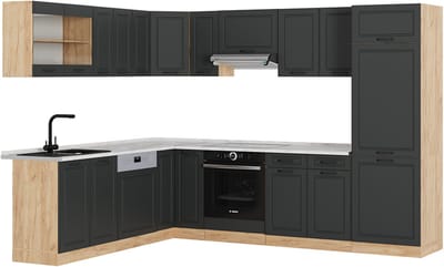 Vicco Hoekkeuken R-Line, Antraciet landhuis/Goudkleurig Eiken, 287 x 227 cm, WB Marmer