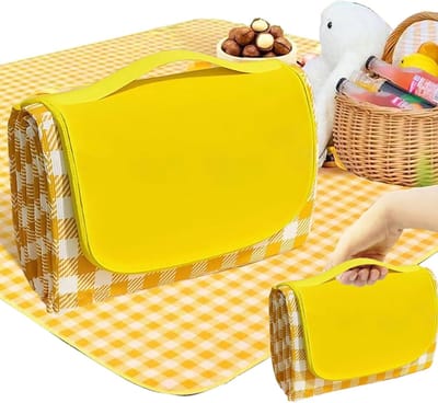Daity 1-pack - Picknickmat - extra groot picknickkleed voor buiten - waterdichte - opvouwbare en lichte tas met witte en gele strepen - perfect voor strandfeestjes (200 x 200 cm)