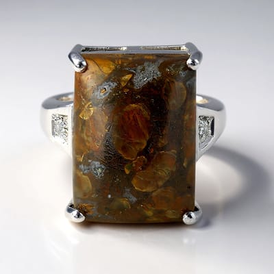Cavill - Zilveren ring met 15,33 ct dinosauruskwarts en witte topaas - 925 sterling zilver - Baguette cabochon - Elegante, unieke dames ring