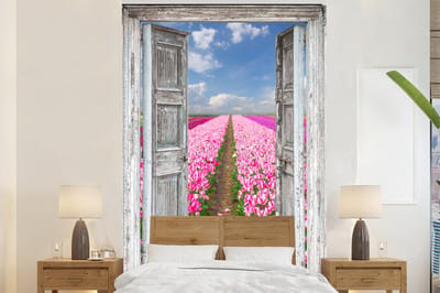 Behang - Fotobehang Bloemen - Tulpen - Doorkijk - Regenboog - Breedte 160 cm x hoogte 240 cm