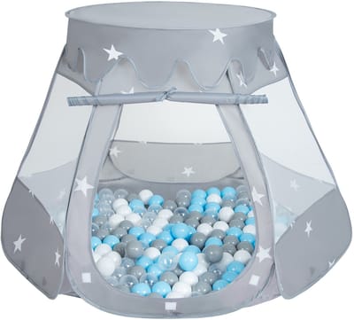 Selonis Pop Up Kasteeltent Grijs Voor Kinderen - 300 Ballen Speeltent - Binnen En Buiten Speelhuisje - 105x90 cm - Grijs Wit Transparant Babyblauw