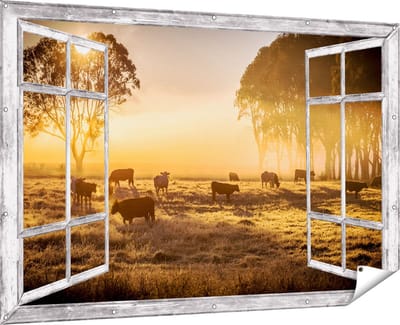 Gards Tuinposter Doorkijk Kudde Koeien in de Wei met Zonsopkomst - 180x120 cm - Tuindoek - Tuindecoratie - Wanddecoratie buiten - Tuinschilderij