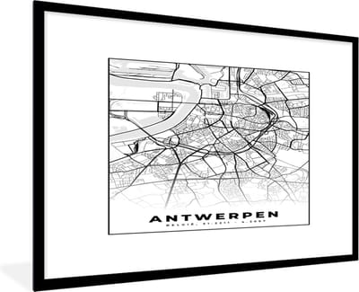 Fotolijst incl. Poster Zwart Wit- België – Antwerpen – Stadskaart – Kaart – Zwart Wit – Plattegrond - 120x80 cm - Posterlijst