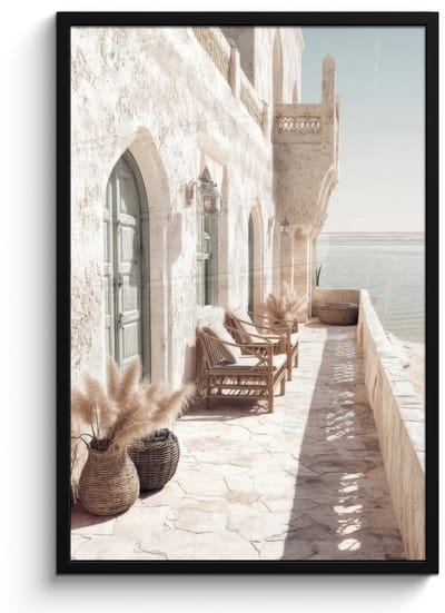 Poster in lijst - Fotolijst 60x90 cm - Posters - Terras - Stoelen - Strand - Beige - Posterlijst zwart - Decoratie - Wanddecoratie woonkamer - Muurdecoratie slaapkamer