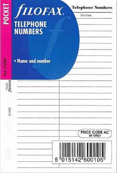 Filofax - vulling pocket - telefoonnummers - wit gelijnd