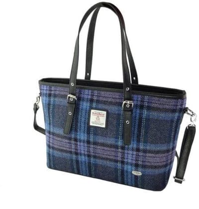 Schoudertas Spey Tote bag Stewart blauw en paars - Groot - Ritssluiting - Harris Tweed - Glen Appin of Scotland