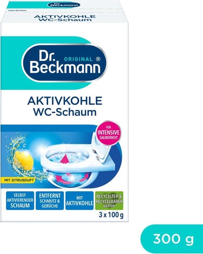 Dr. Beckmann Actieve kool wc-schuim | voor intensieve reinheid in het toilet | met actieve kool | 3 x 100 g (Verpakking kan variëren)