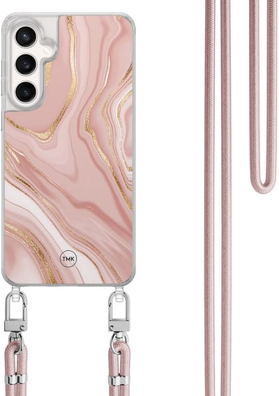 Telefoonhoesje met koord geschikt voor Samsung S24 FE - Rose marble - Inclusief Rosegoud koord - Transparant, Roze - Marmer - Crossbody beschermhoes - Met Telefoonketting
