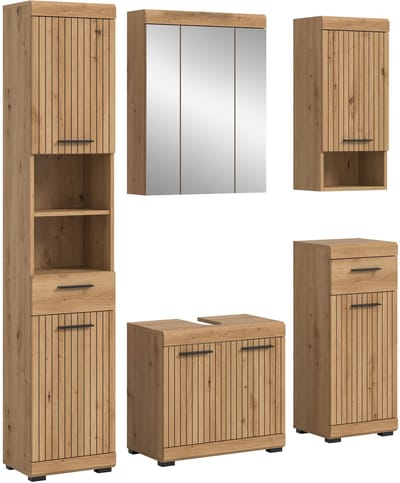 Moderne 5-delige badcombinatie in zwart - Ruime opbergkasten en spiegelkast - 164x191x34cm