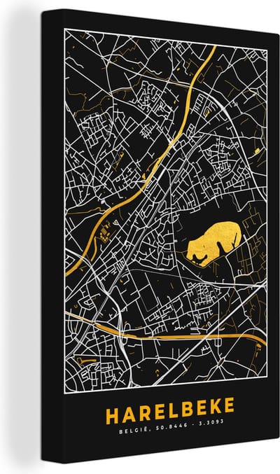 Canvas Schilderij Plattegrond - Goud - Harelbeke - Stadskaart - Kaart - 20x30 cm - Wanddecoratie