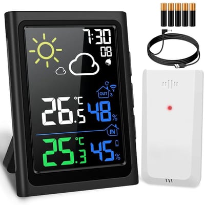KAD® Weerstation Met Buitensensor - Weerstations - Weerstation Draadloos Binnen Buiten - Weerstation Binnen en Buiten - Wit - ‎3cm x 5cm x 10cm