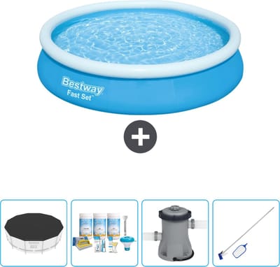 Bestway Rond Opblaasbaar Fast Set Zwembad - 366 x 76 cm - Blauw - Inclusief Afdekzeil - Onderhoudspakket - Pomp - Schoonmaakset