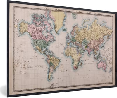 Poster in lijst - Fotolijst 120x80 cm - Posters - Wereldkaart - Vintage - Wereld - Kinderen - Jongens - Meisjes - Posterlijst zwart - Decoratie - Wanddecoratie woonkamer - Muurdecoratie slaapkamer