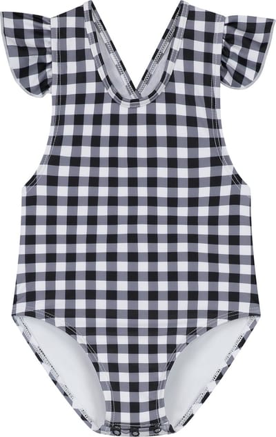 Supercute baby badpak geruit zwart wit met gekruiste bandjes en drukknopen maat 68/74