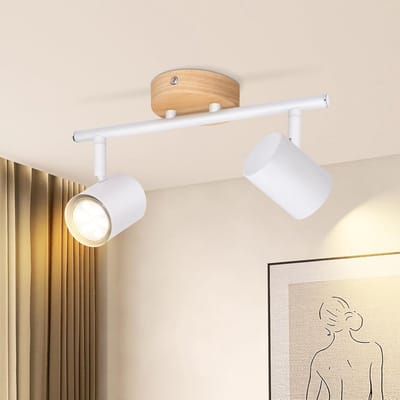 Glitzerlife - Plafondspot Plafondlamp - draaibaar en kantelbaar - Opbouwspot - 2xGU10 fitting - vintage plafondspot met hout en metaal - Ø28,5cm - wit