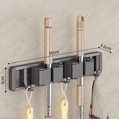 Mop en bezem organizer Mop houder rek Mop houder muur gemonteerd sterke bezem Mop houder zelf met 5 haken organizers hang bezem gray