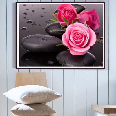 Diamant broderie Rose et pierres noires strass point de croix artisanat cristal diamant peinture 20X30CM black
