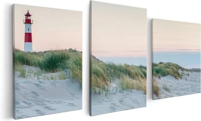 Artaza Canvas Schilderij Drieluik Strand En Duinen Met Een Vuurtoren - 120x60 cm - Wanddecoratie Woonkamer - Schilderijen - Muurdecoratie