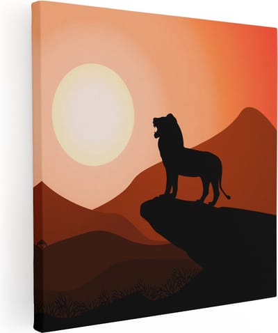 Artaza Canvas Schilderij Leeuw - 80x80 cm - Wanddecoratie Zonsondergang - Muurdecoratie Afrika - Schilderijen Op Canvas
