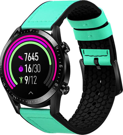 Stravo Echt leer met siliconen hybride design bandje - 22mm - Cyan - Compatibel met Samsung Galaxy Watch 46mm / 3 (45mm) / Gear S3, Polar Vantage M2 / Grit X, Huawei Watch GT 3 (Pro) / 2, Amazfit GTR - Geschikt voor Mannen en Vrouwen