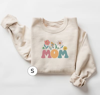 Beige Oversized Sweater voor Vrouwen - Mom Print met Bloemen - Small - Comfortabele Trui - Perfect Cadeau voor Moeders