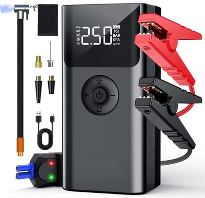 Stervia 4 in 1 Luchtcompressor - Auto Startkabelsysteem - Motorstarter - Powerbank - Led Licht - 92.5 Wh - Zwart - 9.3 x 5.1 x 19 cm