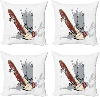 ABAKUHAUS Kussenhoezen Set 4x40x40 cm – Skate & Sneakers – Dubbelzijdig Digitaal Drukwerk – Bruin-Creme
