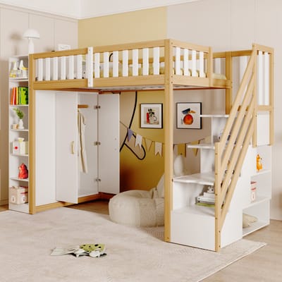 DESMIU Hoogslaper 90x200 cm – Met Kledingkast, Planken En Opbergtrap – Ruimtebesparend Slaap En Opbergsysteem – Voor Kinderkamer – Hout – Wit/Naturel – Zonder Matras