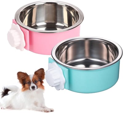 2 Stuks Hangende Voerbak - RVS - Afneembaar - Honden, Katten, Vogels en Knaagdieren - Blauw en Roze