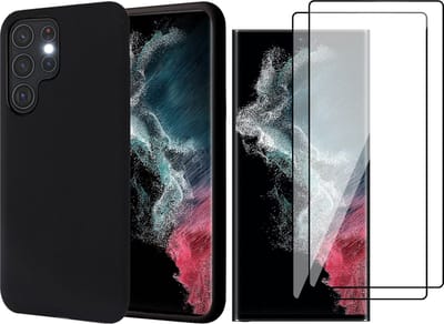 Hoesje geschikt voor Samsung Galaxy S22 Ultra - Matte Back Cover Microvezel Siliconen Case Hoes Zwart - 2x PET Glasfolie Screenprotector