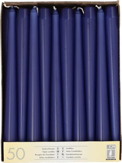 Papstar Dinerkaarsen/kandelaar kaarsen - 50x stuks - Blauw - Gotisch- 25 cm - Tafel decoratie kaarsen