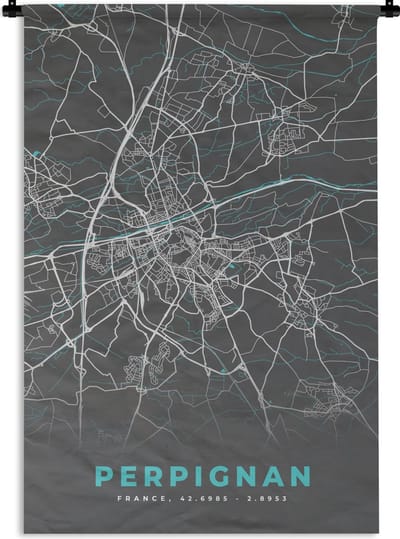 Wandkleed - Wanddoek - Kaart - Stadskaart - Plattegrond - Frankrijk - Perpignan - 120x180 cm - Wandtapijt