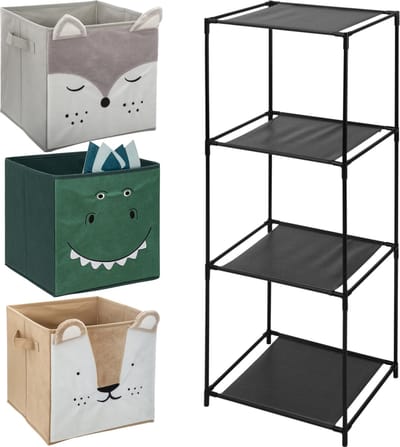 5Five Kastmandjes/opberg mandjes - 3x stuks van 29L - Dieren gezicht prints - In rekje 68 x 68 cm