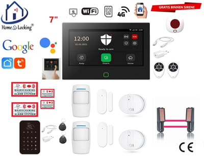 Draadloos / bedraad alarmsysteem met 7-inch touchscreen voor woning/camper/boot/caravan werkt met wifi en sim kaart en met spraakgestuurde apps. (Nederlands of Frans stem en tekst). ST01B-14