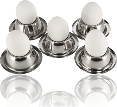 Eierdopjes RVS set van 5 - stapelbare zilveren eierdopjes met voetjes - Rond servies voor ontbijt en pasen - Diameter 8,5cm, Hoogte 3,5cm