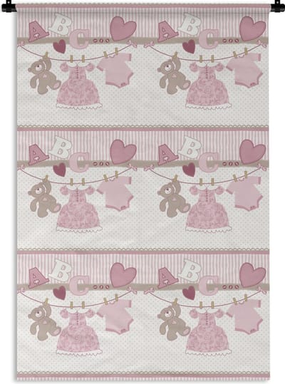 Wandkleed - Wanddoek - Baby kleren - Meisje - Knuffelbeer - Waslijn - Design - 120x180 cm - Wandtapijt