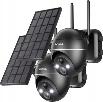 ieGeek 5MP Beveiligingscamera's Draadloos Buiten, Zonne-energie Buiten Beveiligingscamerasysteem 360° PTZ met Spotlight & Sirene, 2.4Ghz Buitencamera's voor Thuisbeveiliging, Kleuren Nachtzicht, Werkt met Alexa, 2 stuks