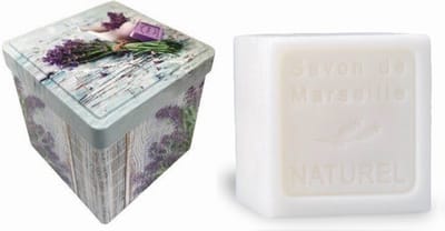 Metalen zeepblik vierkant met opdruk Brin de Lavande met zeepblok Naturel – Vintage voorraadblik – Franse handzeep – Marseille zeep Marseillezeep