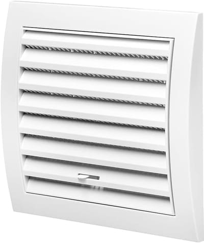 Ventilatierooster met lamellen, insectenwerend, regenbestendig, handmatig regelbaar, 153x148 mm, afvoerlucht, toevoerlucht, sleufrooster, wit, kunststof, A15WR