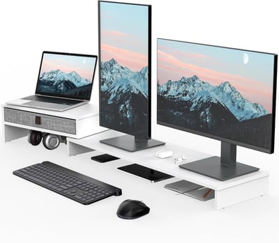 Famanu – Planken met Verstelbare Lengte en Hoek - Houten Monitorstandaards voor 2 Monitoren - Printer - Desktop Organisator - Wit