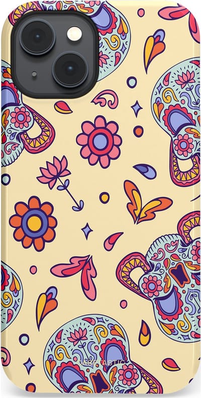 Casetastic hoesje geschikt voor Apple iPhone 14 Plus - MagSafe - Dubbellaagse bescherming - Dia de los Muertos Doodshoofd Bloemen - Fashion Case - Crème Lila Zilver