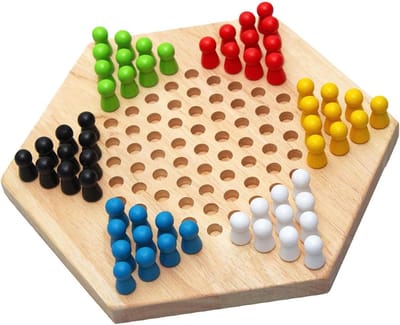 Damspel Hout - Strategisch Spel - Familie Plezier - Zeshoekig Ontwerp - 23 x 20 cm - Natuurlijk Hout
