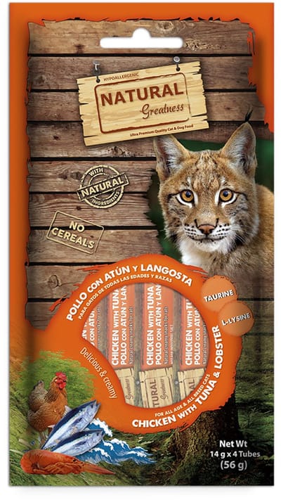 Kattensnack Natural Greatness - Romige Kip, Tonijn & Kreeft - Hypoallergeen, 4x14gr