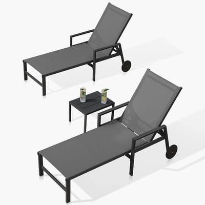 Zonneligstoel set van 2 met tafel verstelbaar 164 x 68 x 36 cm – ligbed met armleuningen en wielen, aluminium frame, textilene outdoor ligstoelen tuin/zwembad tot 150 kg – grijs – Bella