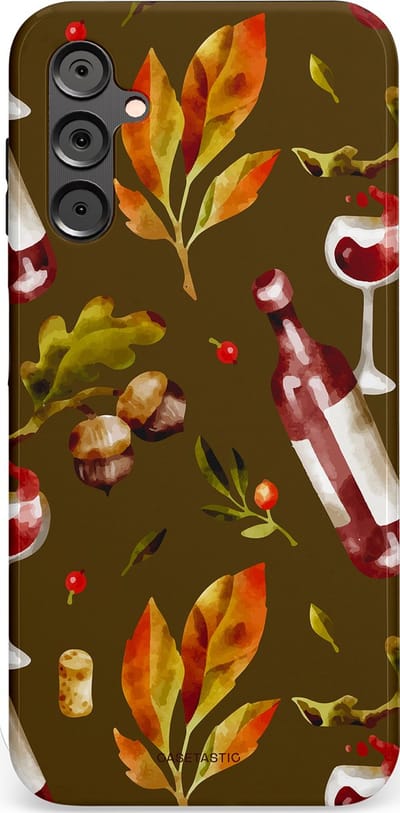 Casetastic Hoesje Geschikt voor Samsung A14 (5G/4G) - Stijlvolle Beschermende Duo-layer Case - Rode Wijn Bladeren