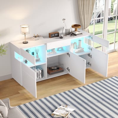 Witte Dressoir, 140×40.5×66.5 cm - 3-Deurs Ladekast met LED-Strip Transparante Acryl Kast met 7 Planken Hoogglans Afwerking
